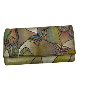 Anuschka Hand Painted Leather Wallet Butterfy Floral Colorful Artsy Snap *